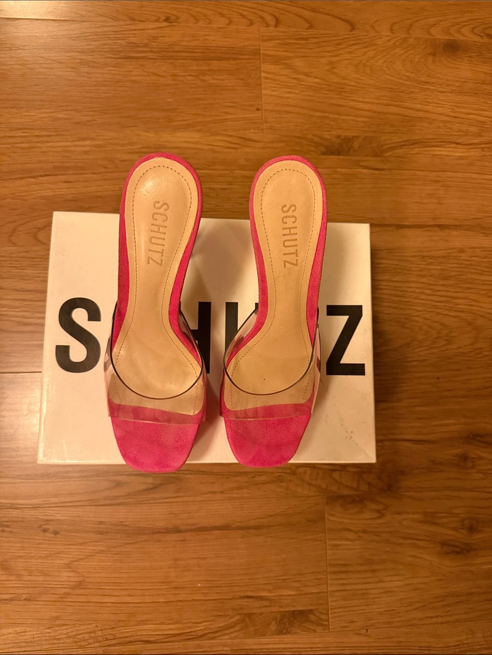 SCHUTZ Hot Pink Suede Slide Sandals with Clear Strap - Picture 3 of 4